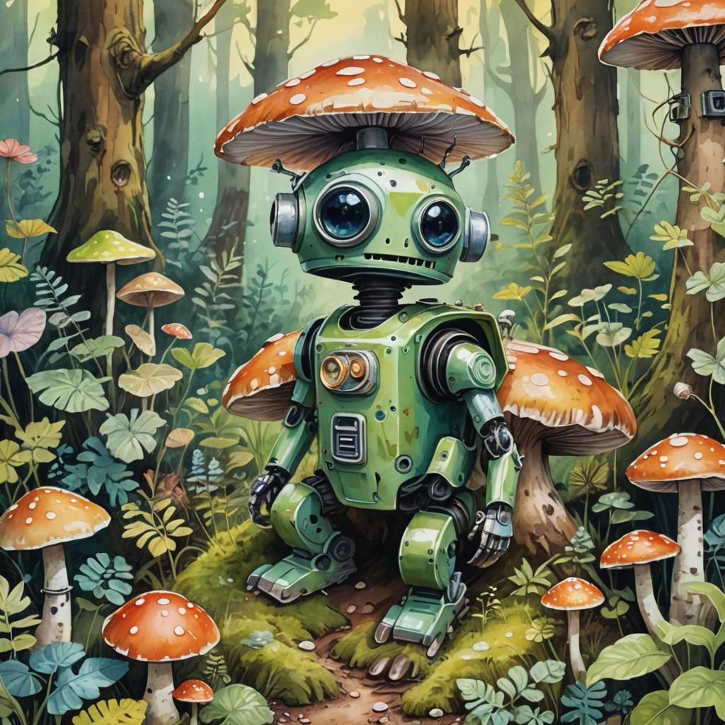Cute Robot on Mushroom: Whimsical Gouache Illustration