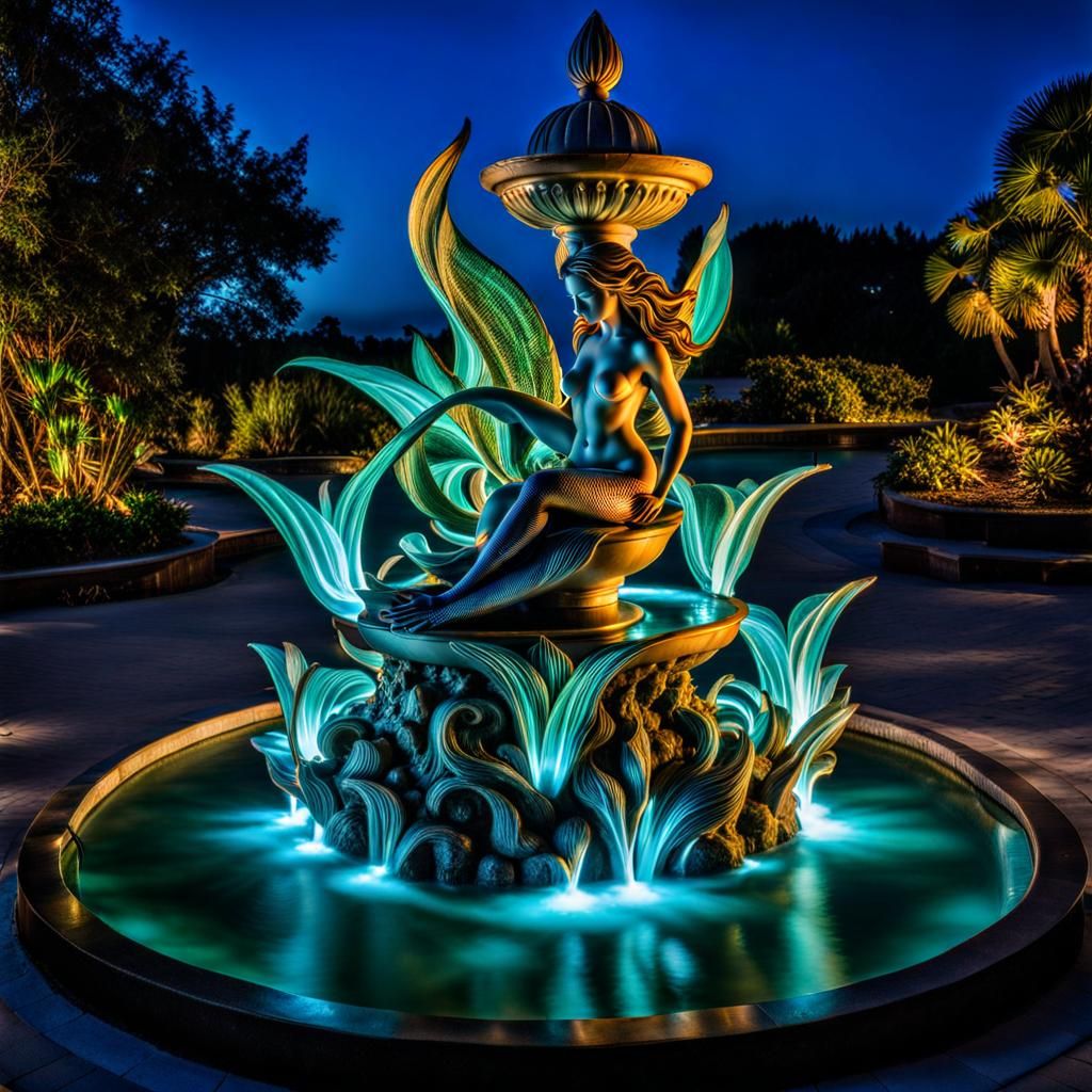 Bioluminescent Mermaid Fountain in Photorealistic Style