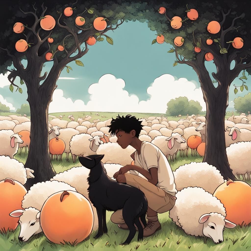 Shepherd Boys Kissing Near a Giant Peach
