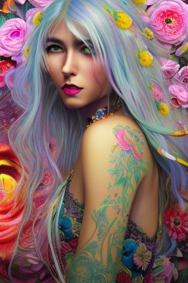 Beautiful Woman in Floral Dress, Digital Art