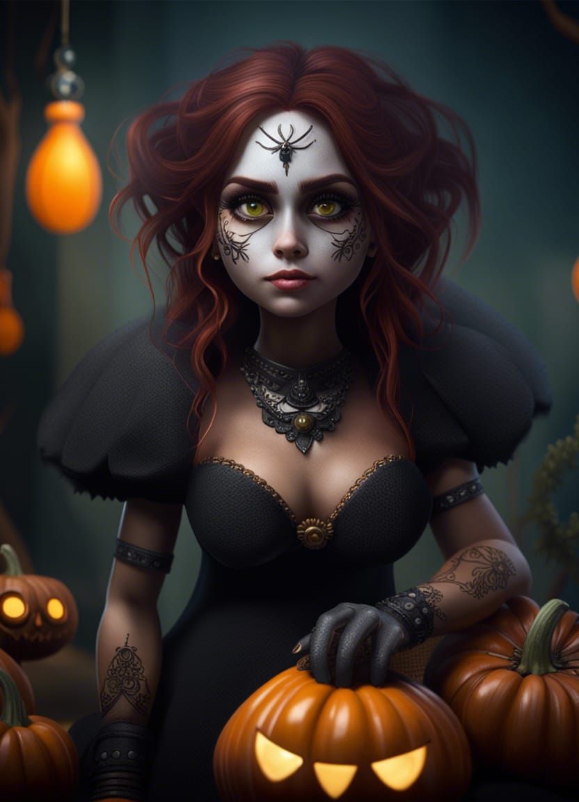 Cute Halloween Witch and Spider with Pumpkin