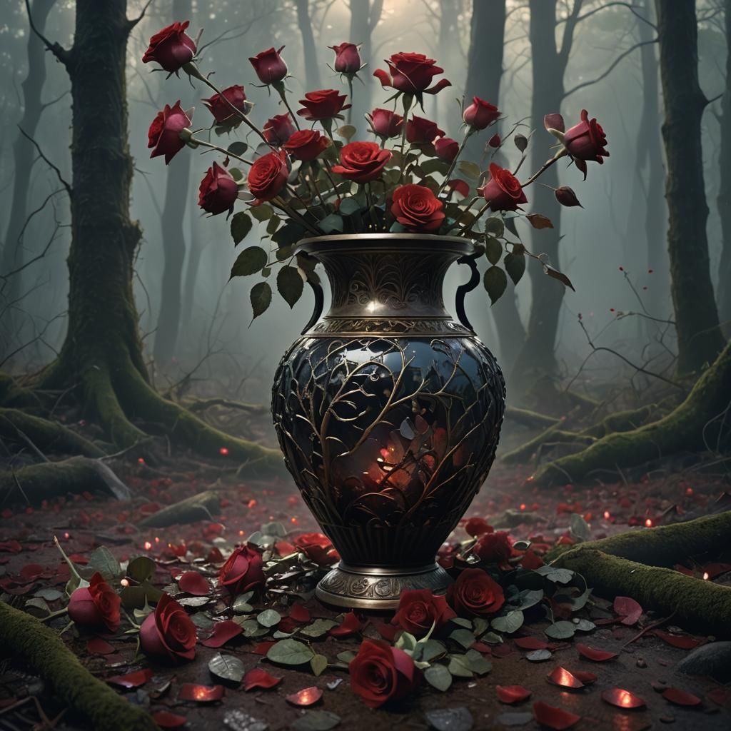 Shattered Vase with Red Roses in Moonlight