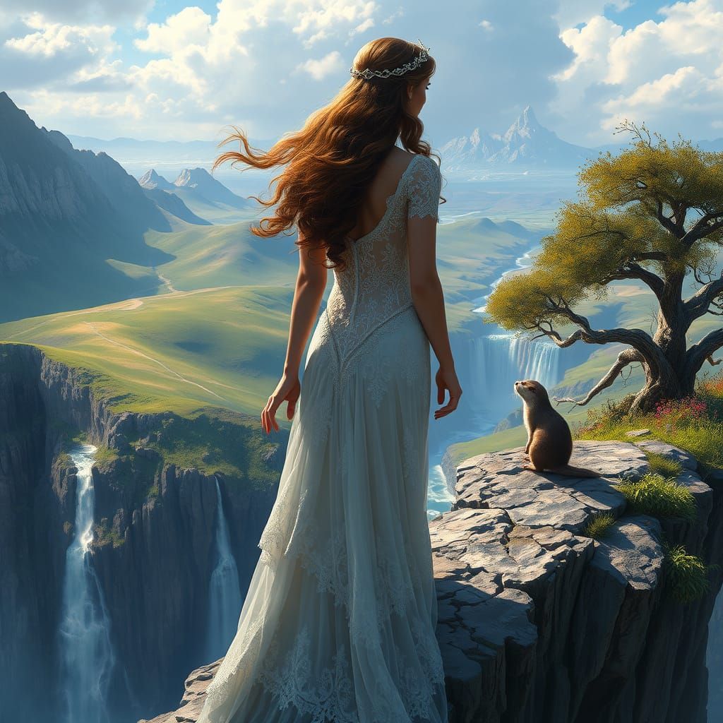 Regal Princess Stands at Cliff's Edge with Faithful Otter Co...