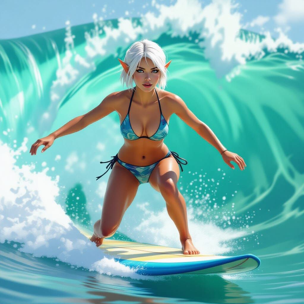 Elf Surfer Girl Riding a Wave