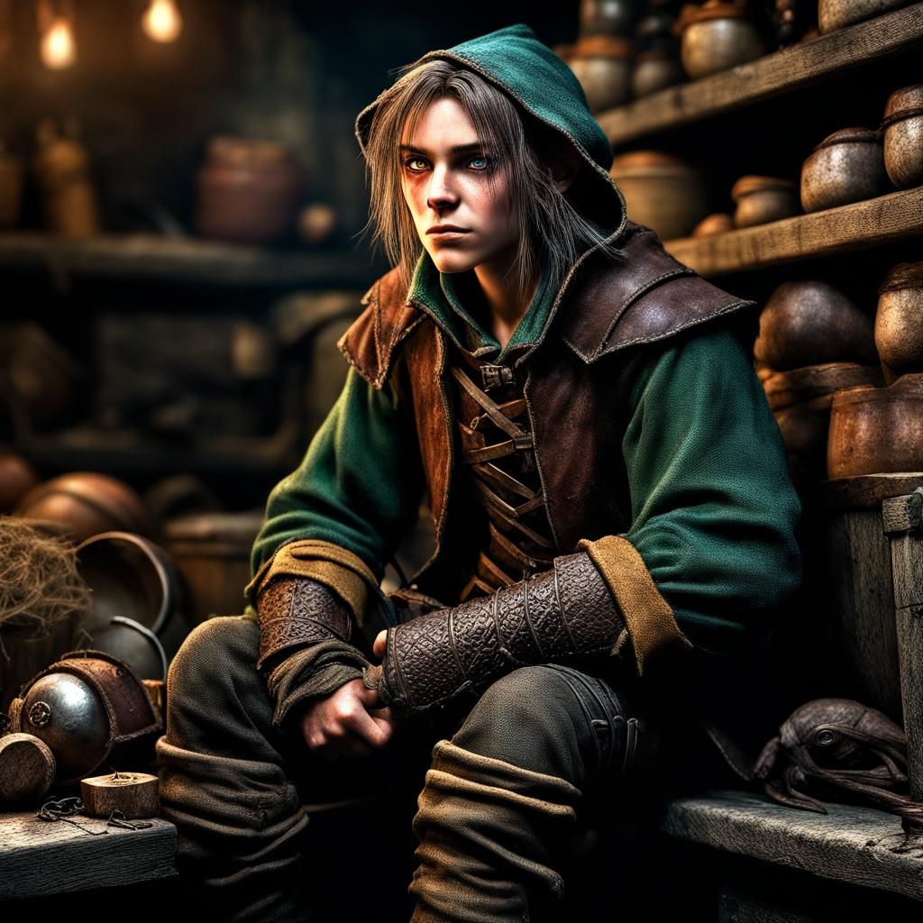 Hyperrealistic Half-Elf Rogue in Moody Cellar