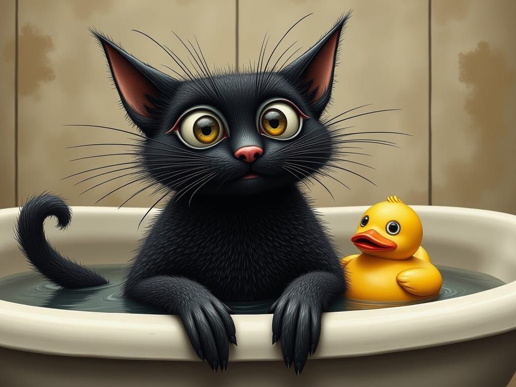 Quirky Cat Enjoys Bath Time with Comical Rubber Duck