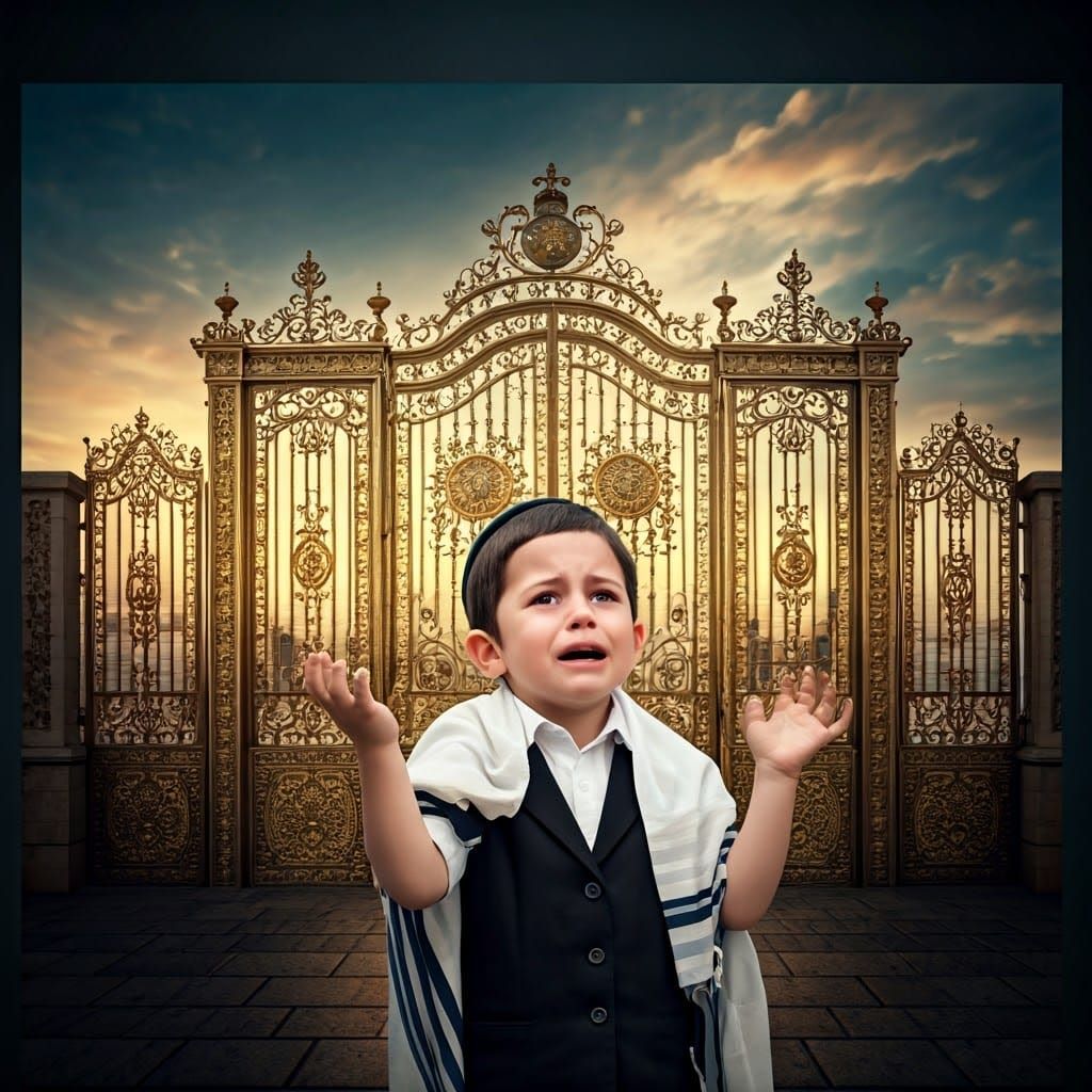 Ultra-Orthodox Boy Reaching for Golden Gate: Cinematic Still