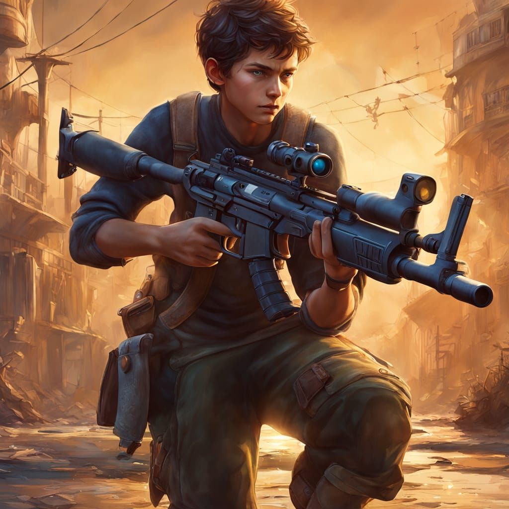Fantasy Concept Art Boy With Sniper Rifle in Golden Hour