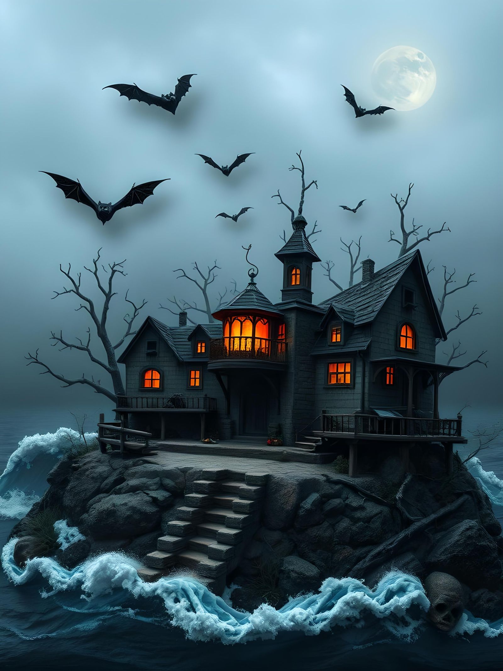 Eerie Coastal Village with Abandoned Haunted House