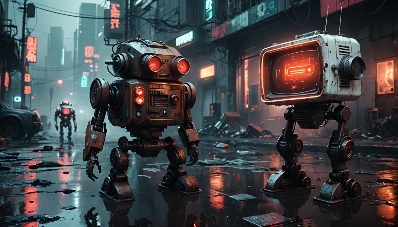 Cyberpunk Robots in Post-Apocalyptic Cityscape