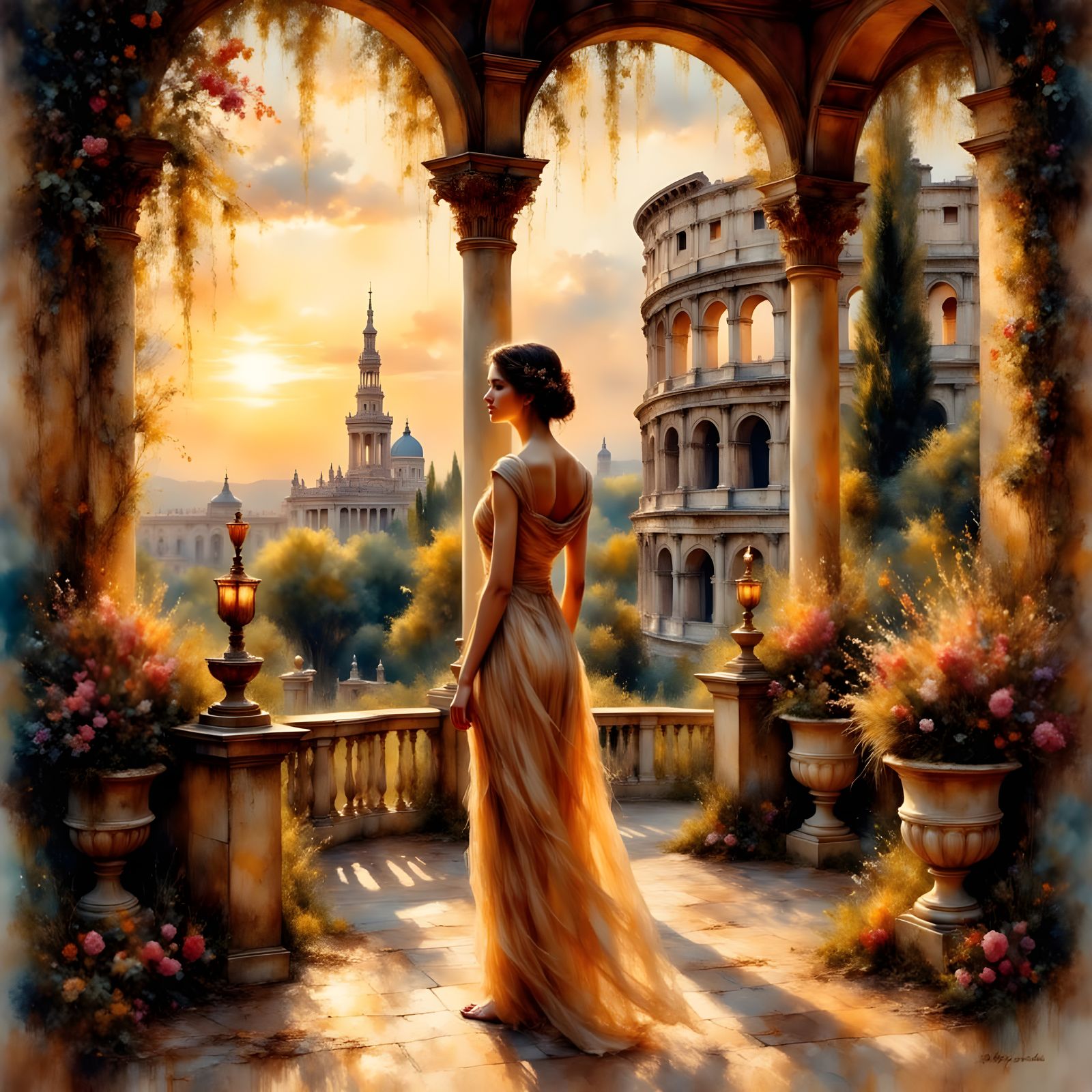 Ancient Rome at Golden Hour: Hyperrealistic Illustration