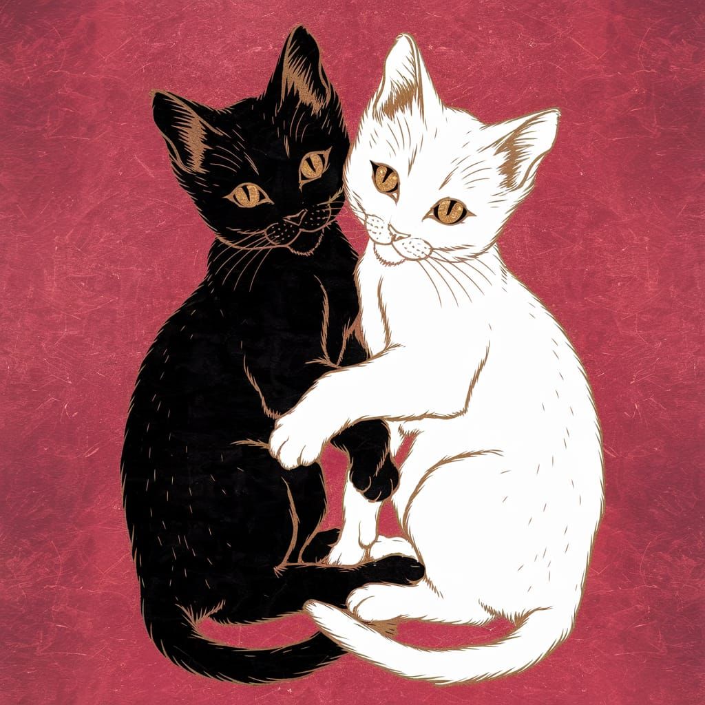 Anime-Inspired Woodblock Print of Playful Kittens in Vibrant...