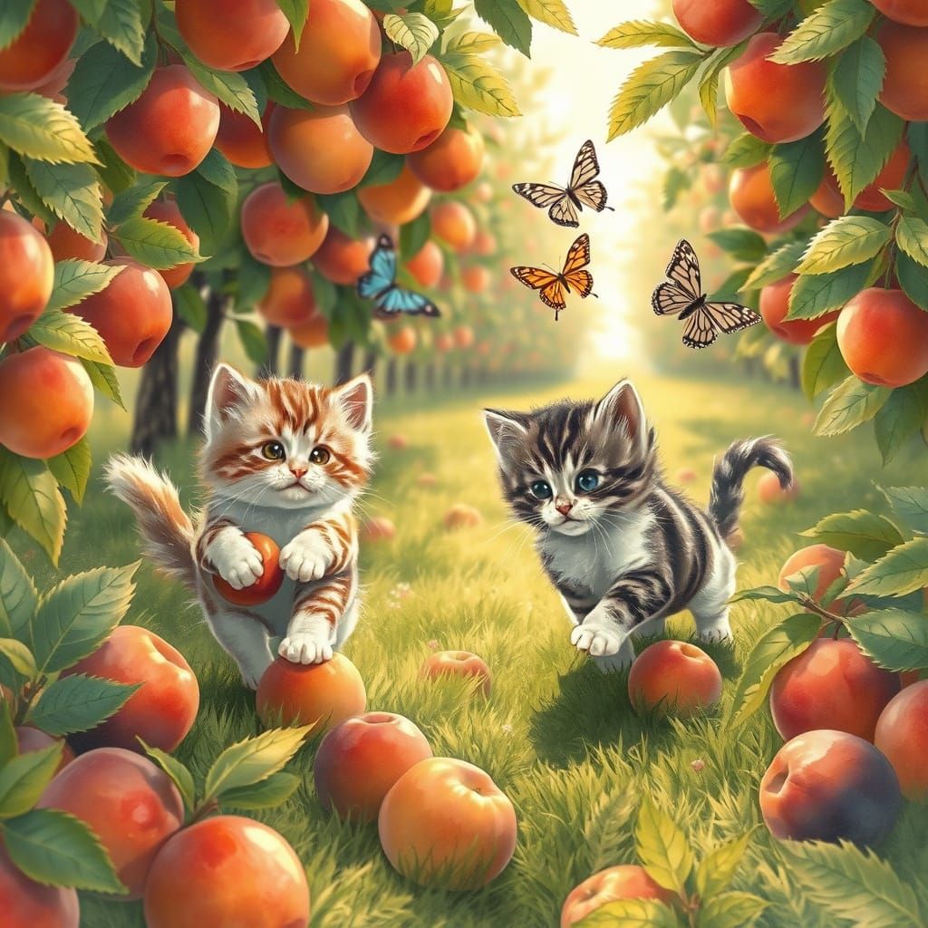 Kittens Frolicking in a Fruit Orchard, Watercolor Style