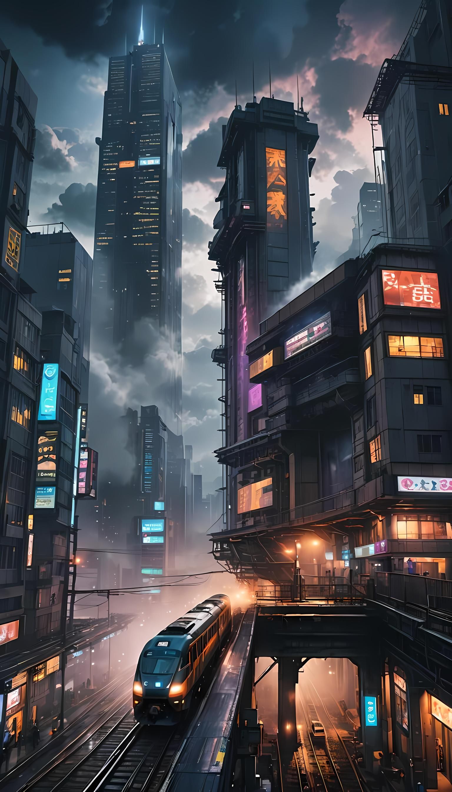 Cyberpunk Skyscraper at Night in Anime Style