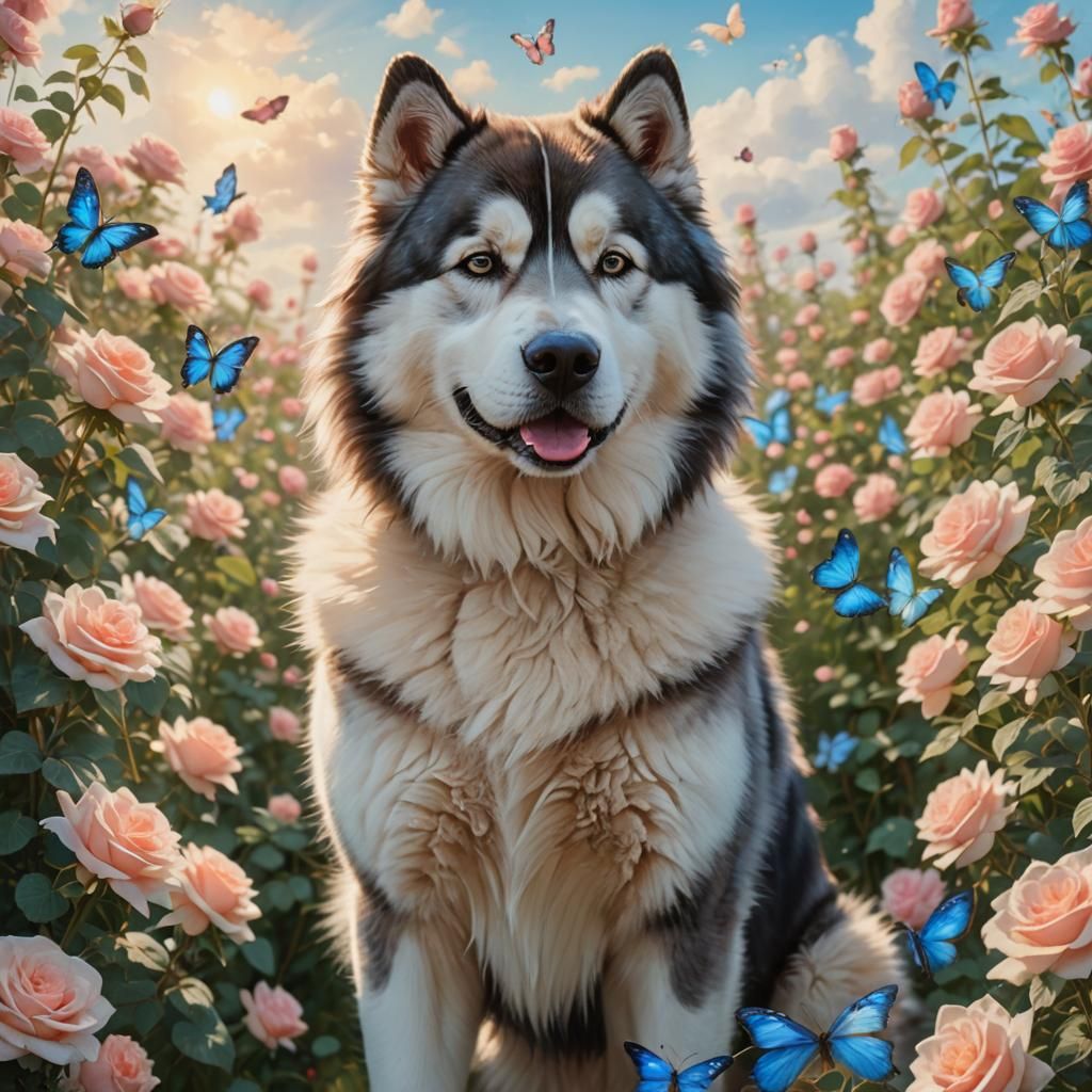Anime Portrait of Alaskan Malamute in Rose Field