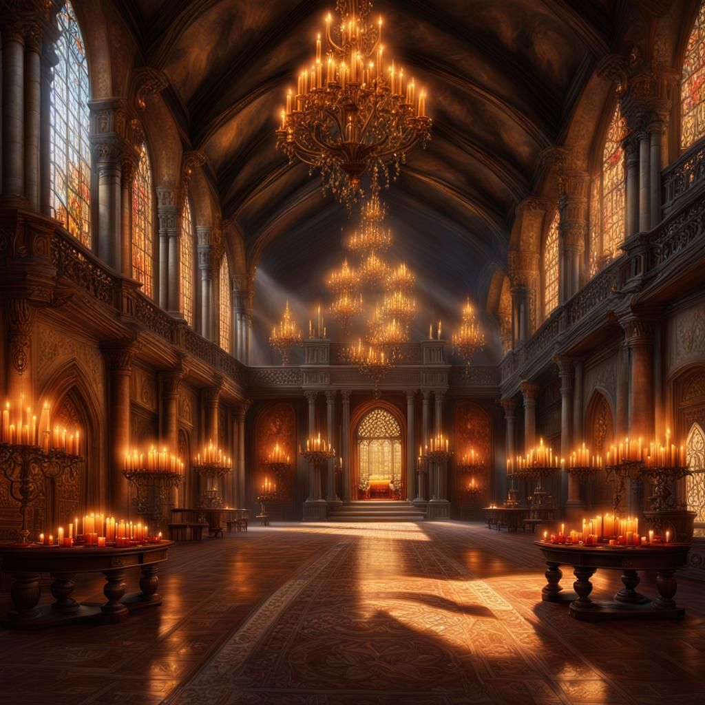 Mysterious Medieval Hall with Chandeliers and Fireplace