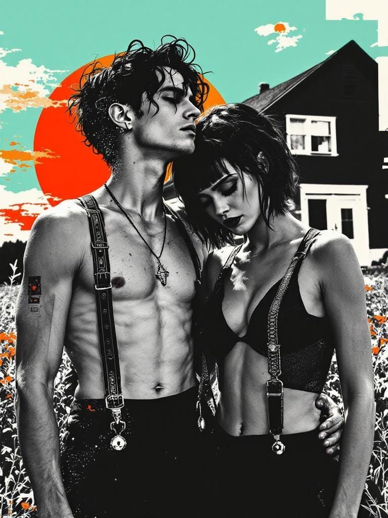 American Gothic Couple in Xerox Art Style