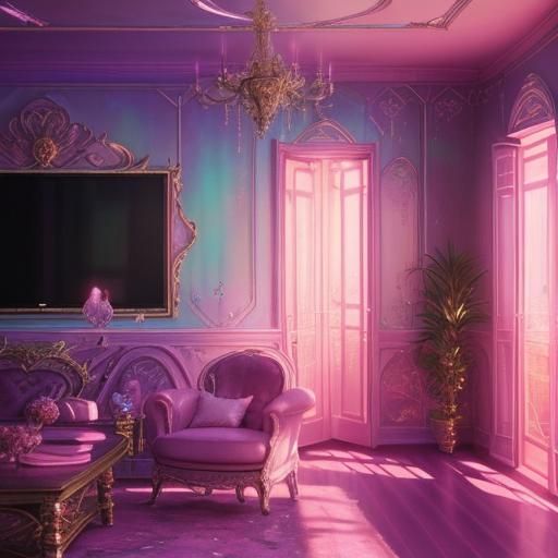 Dreamy beautiful fantasy living room with pink walls& shimmery vibes& fantasy vibes& beautiful craftsmanship vibes& ethe...