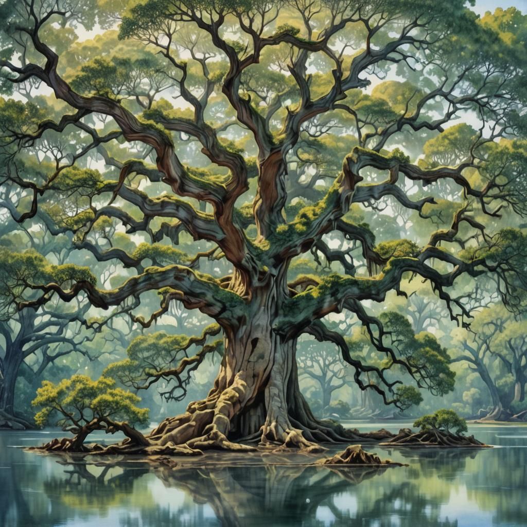Ancient Angel Oak in Dreamy Watercolor Style