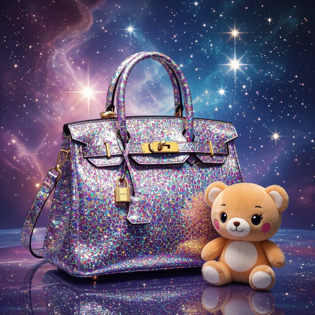 Magical shimmering glittery Birkin handbag with chibi plush