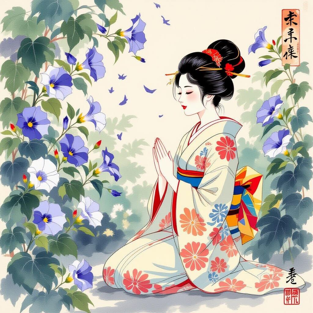 Serene Woman in Japanese Garden with Morning Glories, Ukiyo-...