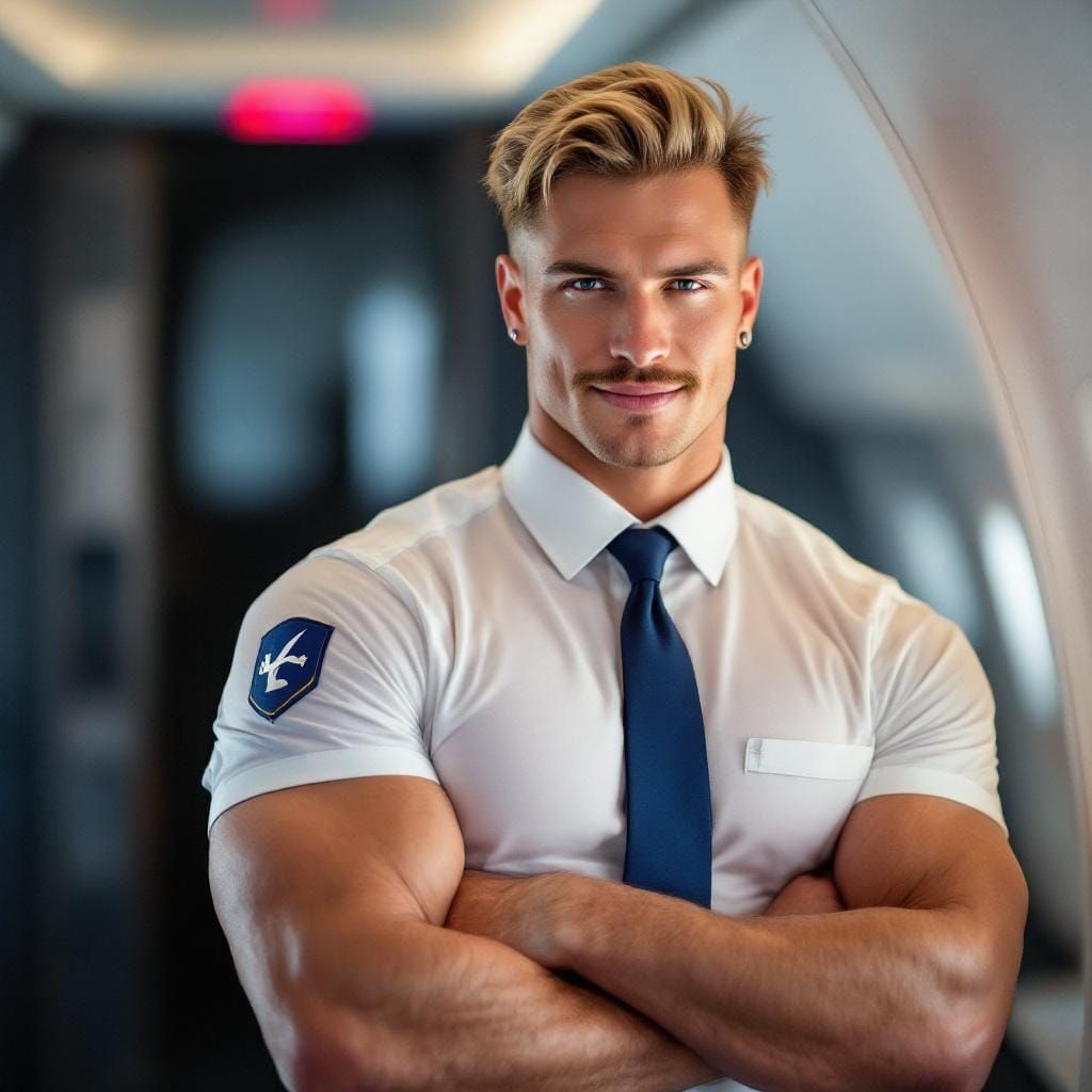 Handsome Bodybuilder as Flight Attendant, Professional Photo
