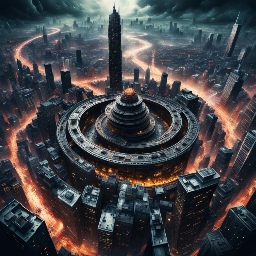 Spiraling Splatter Punk Cityscape