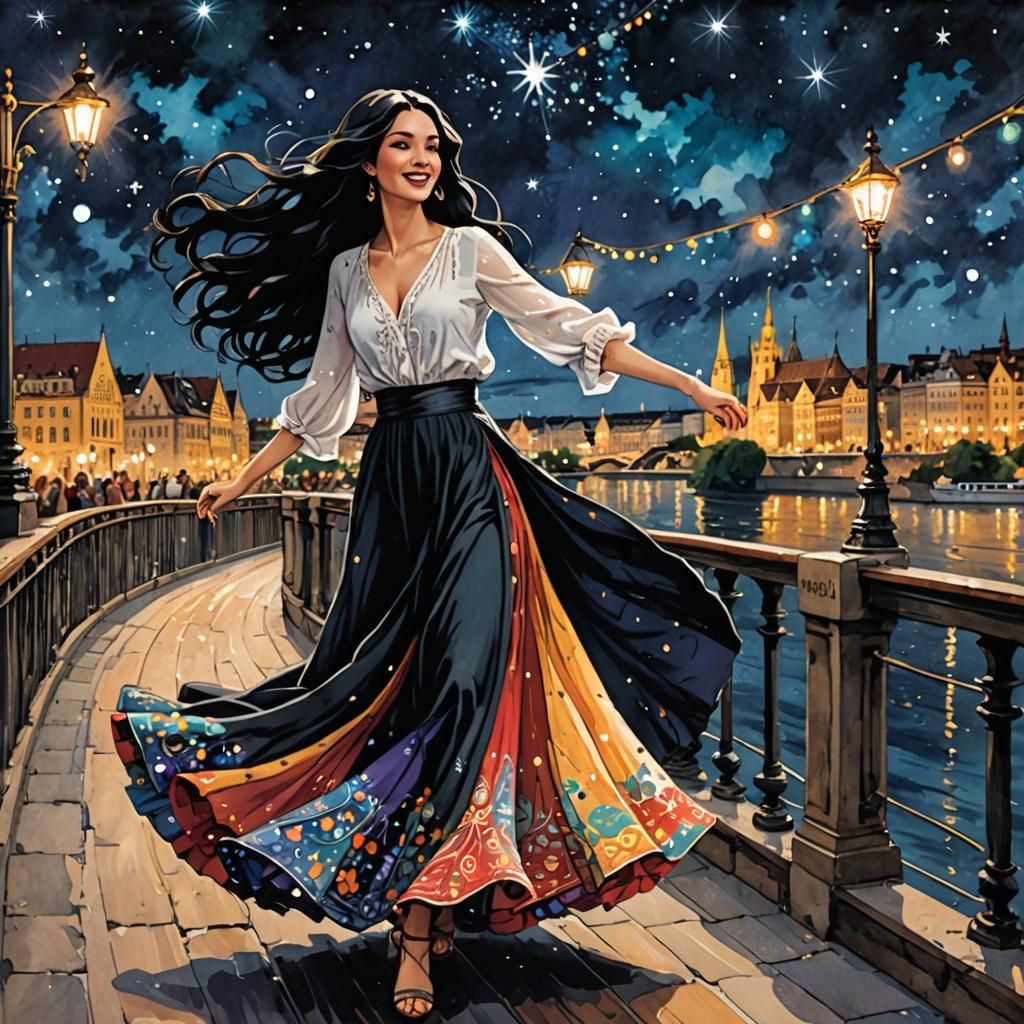 Woman Dancing on Budapest Bridge in Animated Style