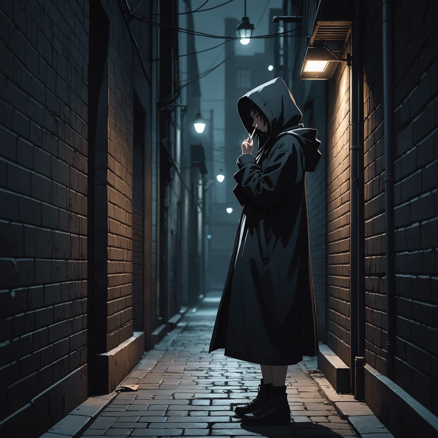 Hooded Figure in Alleyway, Anime Style