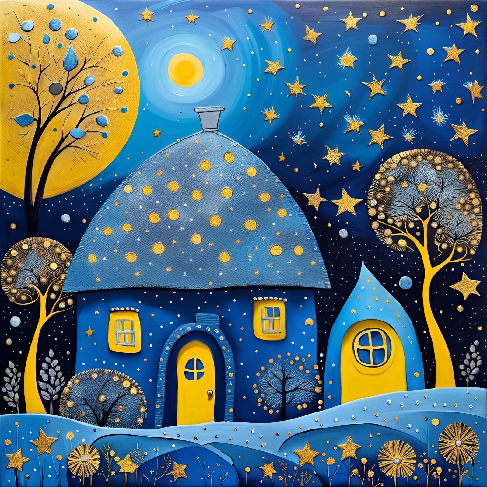 Sparkly Blue Lunar House in Art Brut Style