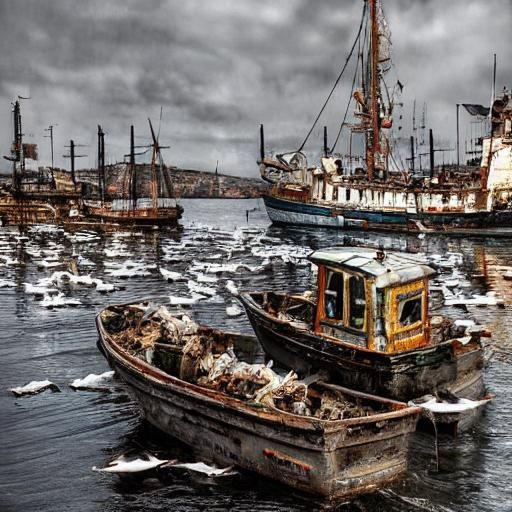 Seagulls Following Trawler, Hyperrealistic Detailed Image