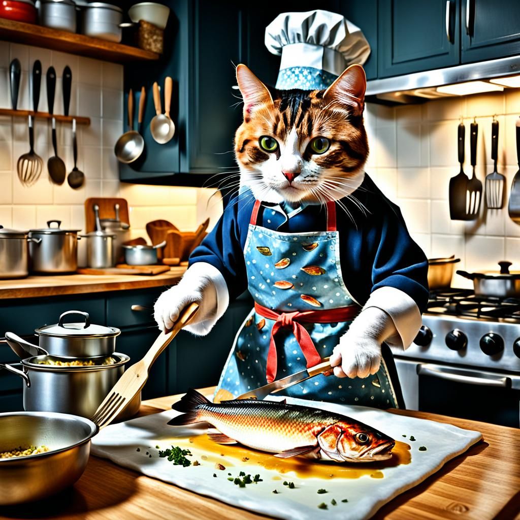 Calico Cat Cooking Fish Dinner, Hyperrealistic Kitchen Scene