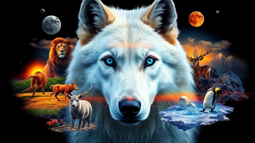 Majestic Polar Wolf in a Vibrant Tapestry of Animals