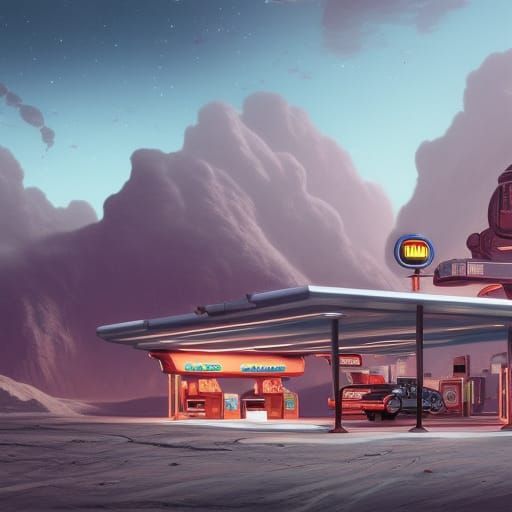Retro Gas Station on Mars: Detailed Matte Painting