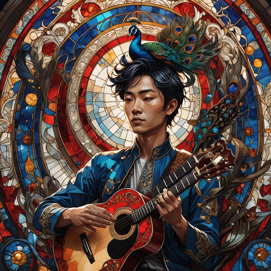 Stained Glass Saturn Dream: Asian Man with Peacock