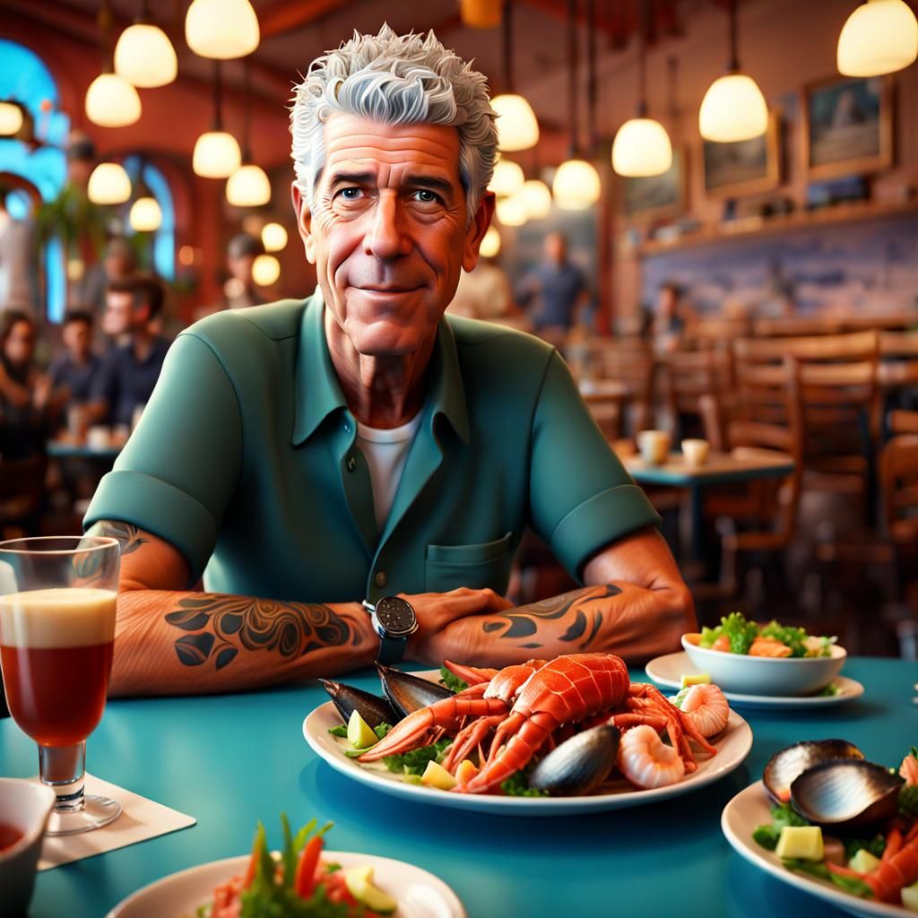 Anthony Bourdain at French Cafe, Pixar-Style 3D Art