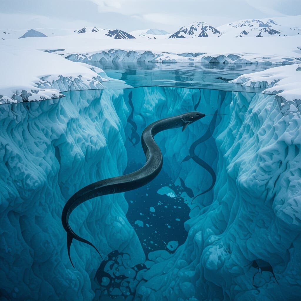 Eel-like Creatures in Subglacial Rivers: Dark Fantasy Art
