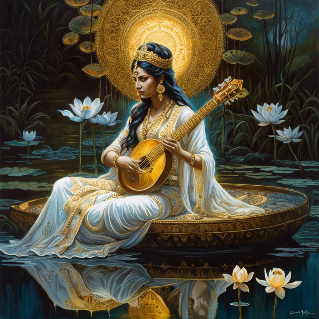 Bioluminescent Goddess Saraswati in Lotus Pond