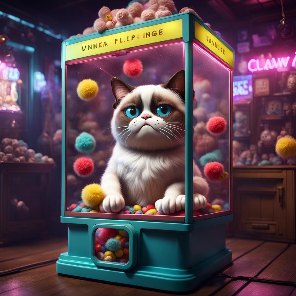 Grumpy Cat in Claw Machine: Detailed Matte Painting