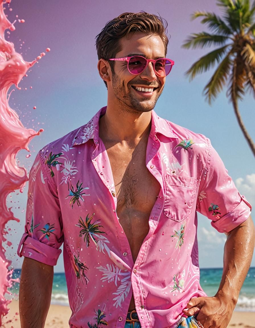 Handsome Man Smiling on Beach in Hyperrealistic Style