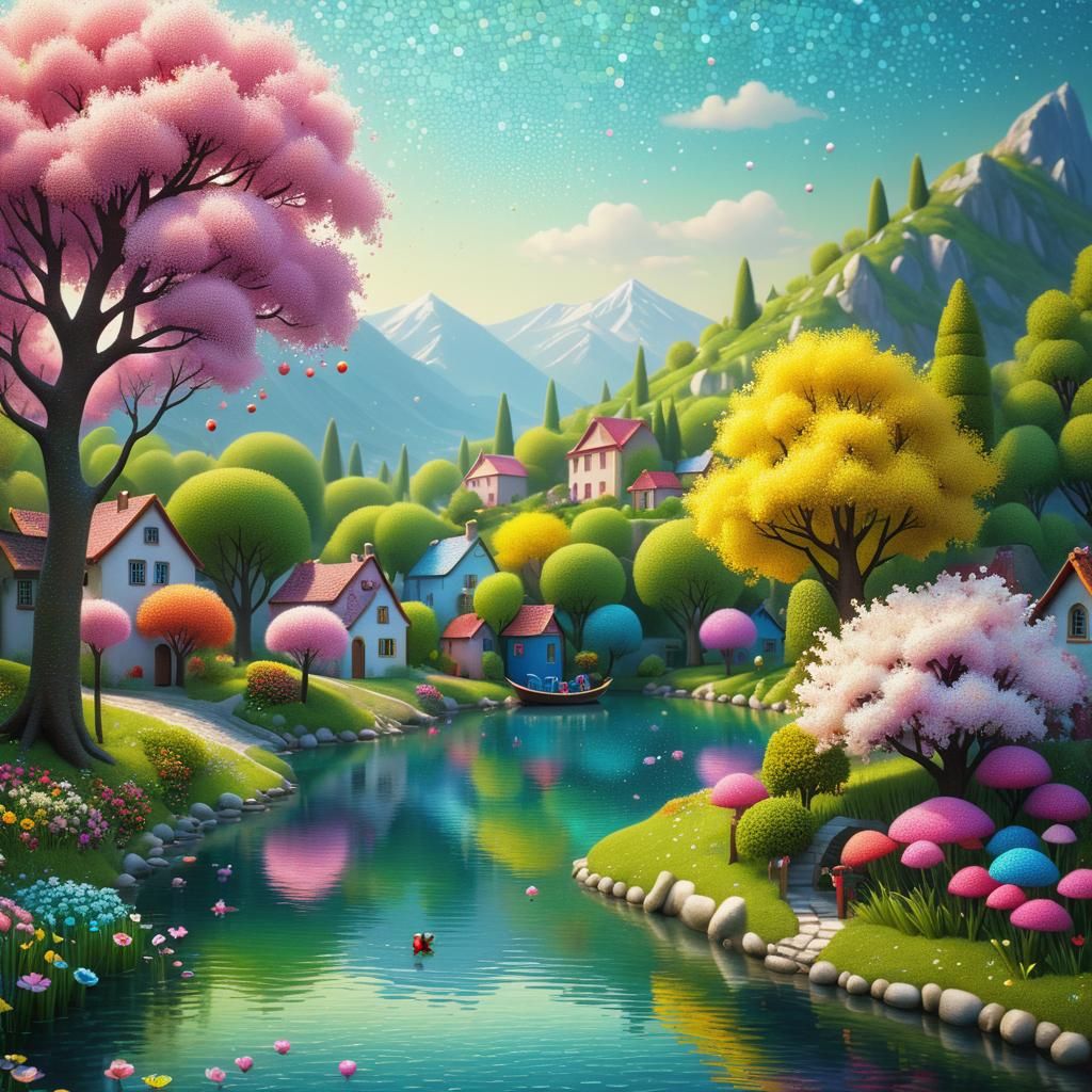 Vivid Floral Village in Pointillism Style