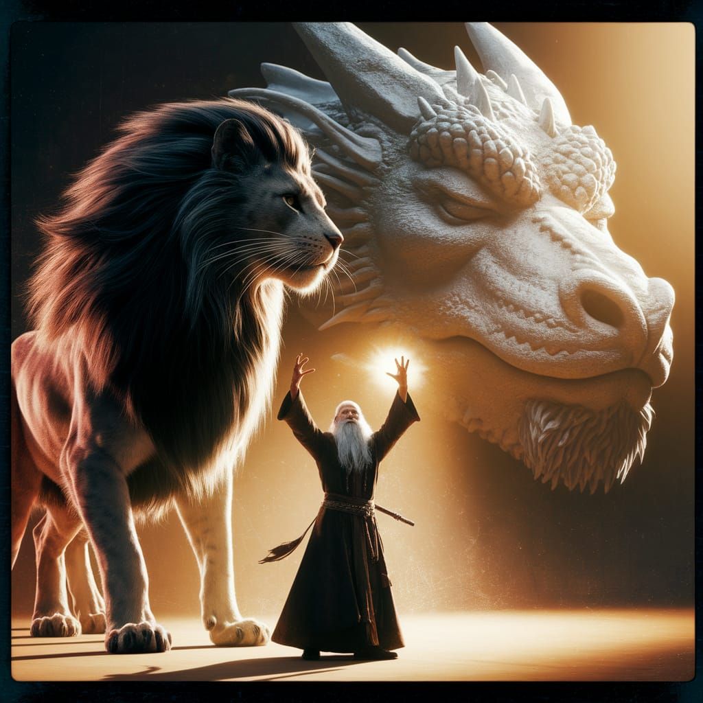 Wizard Summons Lion-Cat Hybrid in Film Style