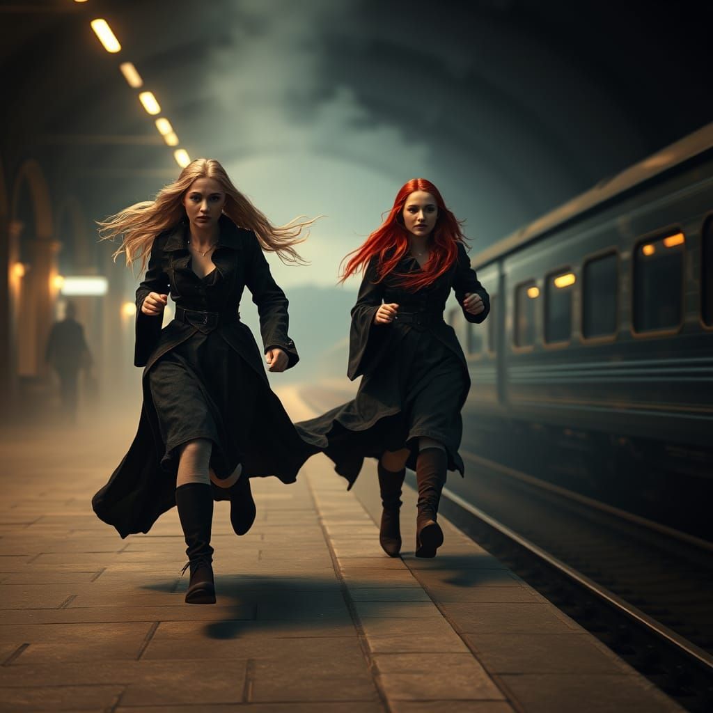 Twin Witches Chase Hogwarts Express, Fantasy Art