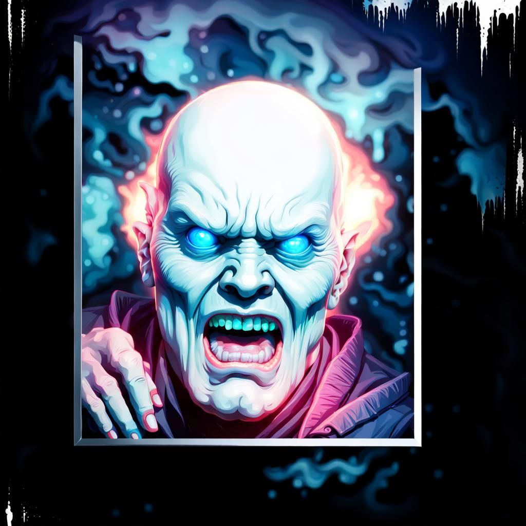 B-Horror Monster with Fangs and Neon VHS Effect