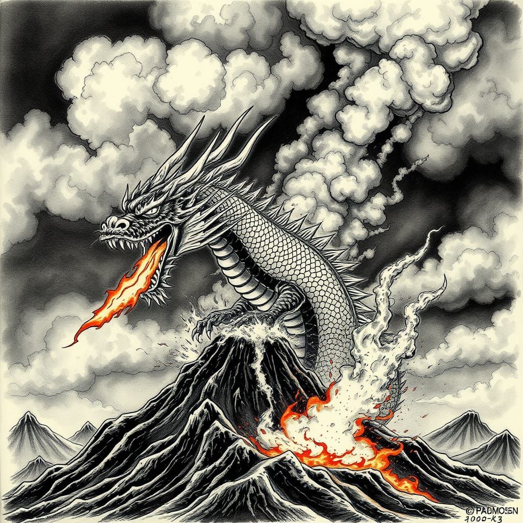 Cyberpunk Dragon Emerges from Volcanic Ash in a Dark, Charco...