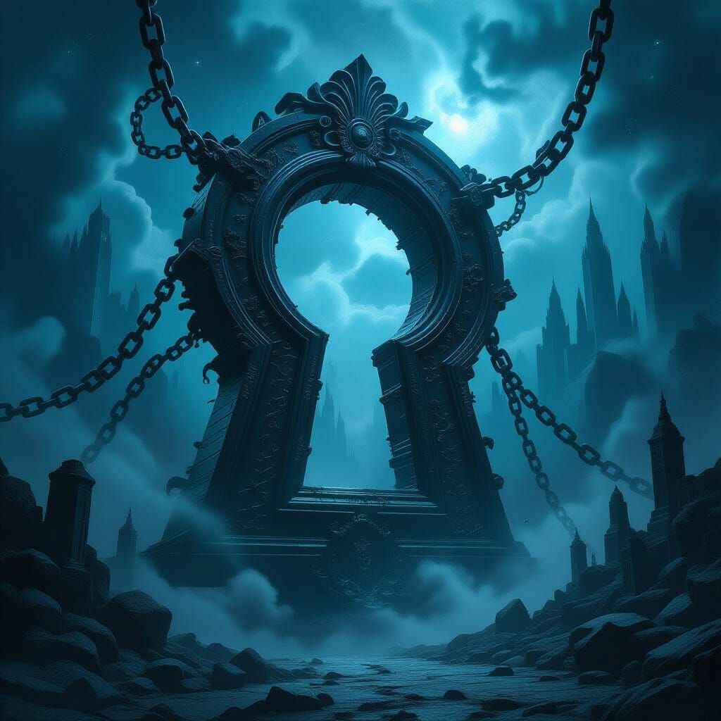 Antique Keyhole in Void with Alien Cityscapes and Dark Energ...