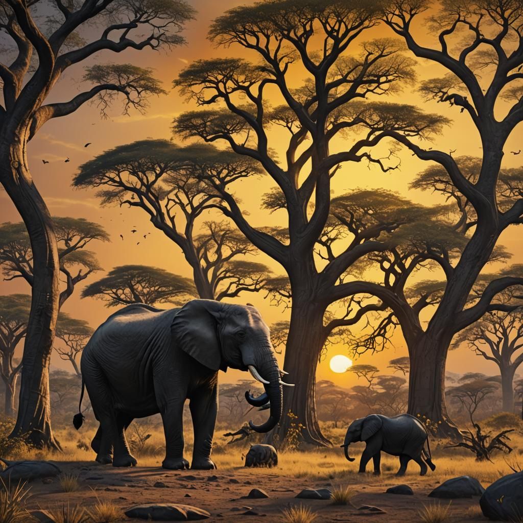 Elephants and Leopard at Sunset: Fantasy Concept Art