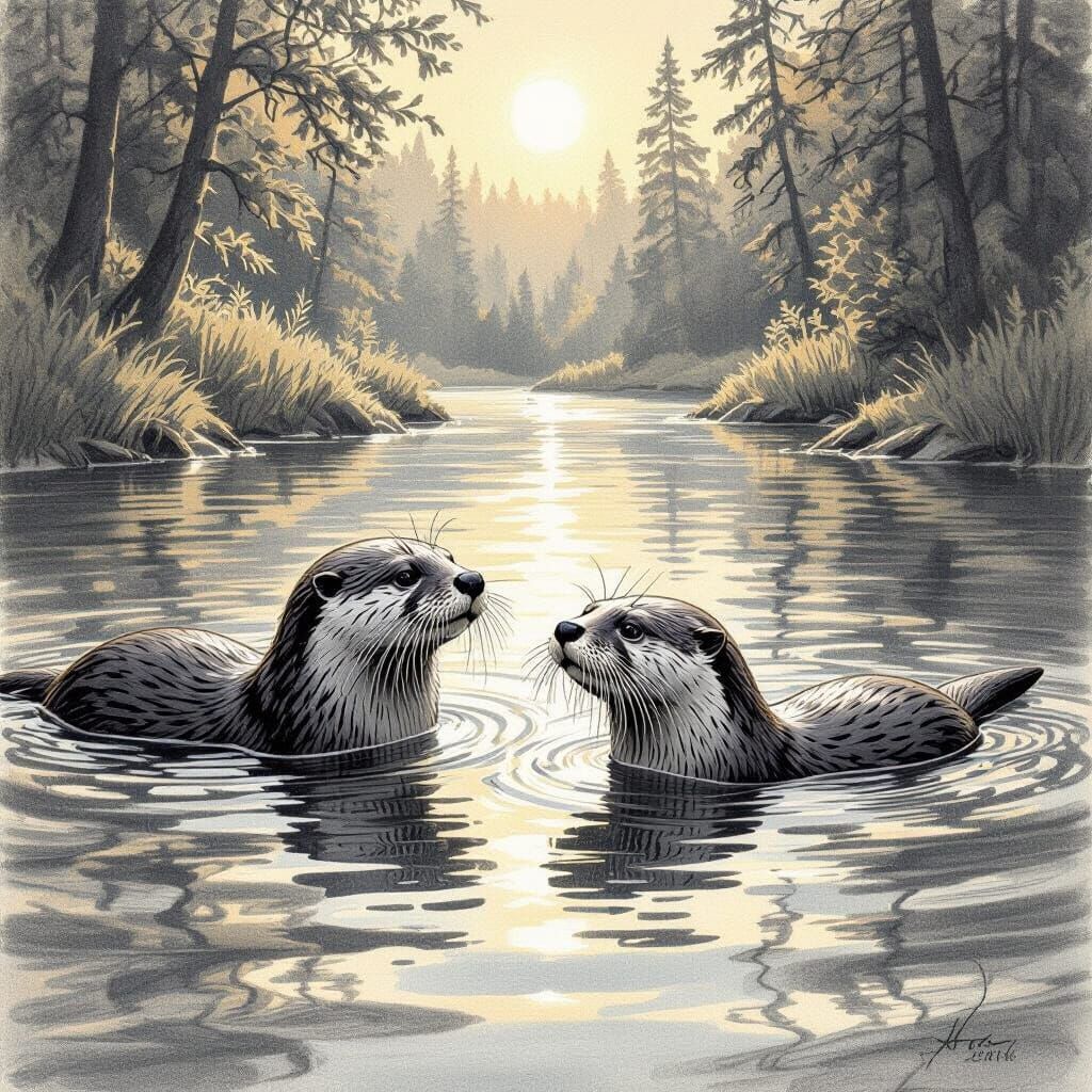 Hyperdetailed Charcoal Drawing of Otters in Forest River