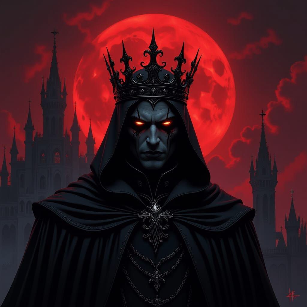 Dark King with Smoke Crown Under Red Moon, Gothic Fantasy Ar...