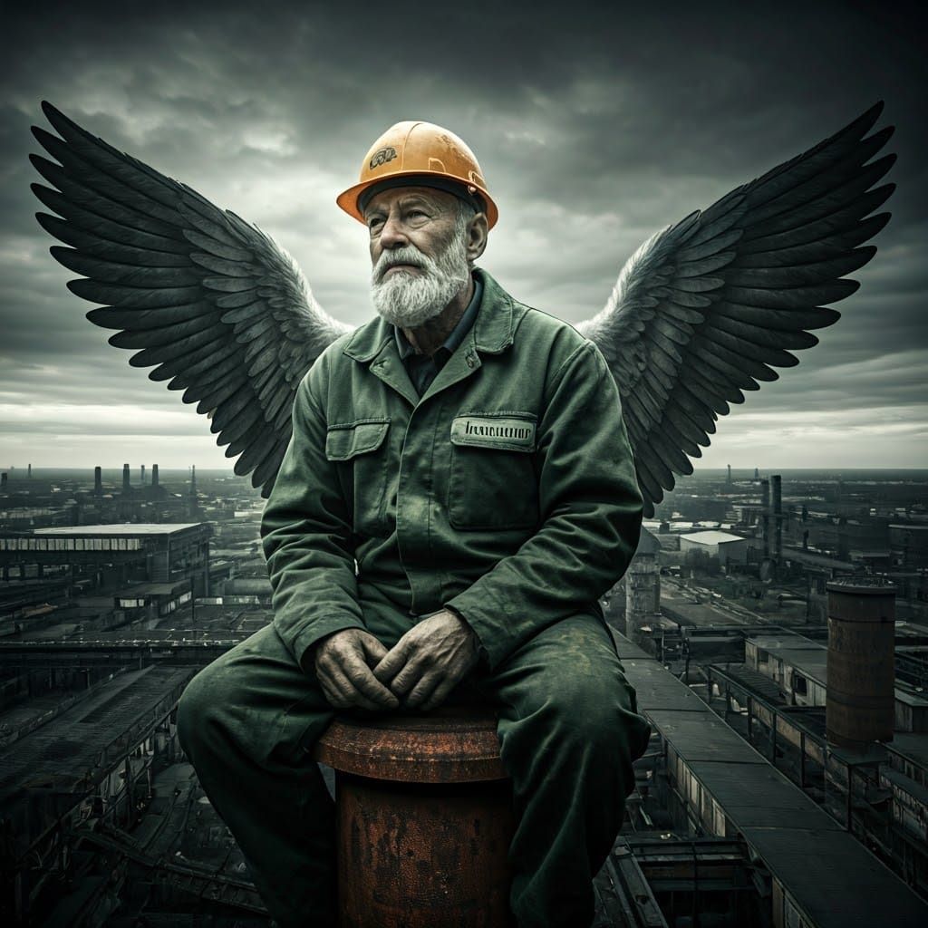 Guardian Angel in Industrial Wasteland: Gritty Portrait